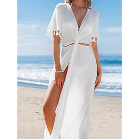 Women's Maxi Dress White Dress Sundress Elegant Fashion Hot Daily Outdoor Beach Regular Fit Plain Short Sleeve V Neck White Summer Spring