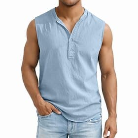 Men's Tank Top Undershirt Linen-Like T-shirt Sleeveless Henley Summer Plain Fashion Classic Comfortable Buttons Split Ends Casual Gym Street White Top Tee for
