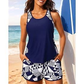 Women's Ruched Tankini Bathing Suit 2 Pieces Geometric UV Protection Elastic Sleeveless Swimwear Surfing Diving Swimming Summer
