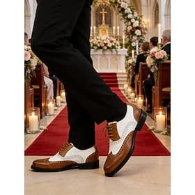 Men's Two-Tone  Dress Shoes, Brown and White Oxford Style, Lace-Up Design, Vintage Elegant Look for Weddings  Formal Occasion