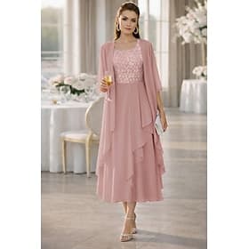 Two Piece A-Line Tea Length Wedding Guest Dress Mother of the Bride Dress Half Sleeve Scoop Neck Elegant Formal Kentucky Derby Semi Formal Chiffon Short Jacket