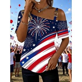 American Independence Day Women's T Shirt Tee Top Print Graphic American Flag Fashion Classic Casual Short Sleeve One Shoulder Regular Tops Daily Going out Wee