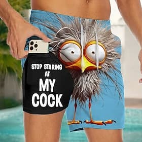 Men's Cartoon Chick Funny Slang Lined Shorts 2 in 1 Board Shorts Swim Shorts Mid Waist Hawaiian Holiday Side Pockets With Compression Liner Elastic Drawstring