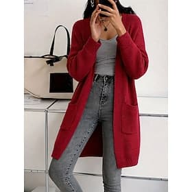 Women's Sweater Cardigan Fashion Streetwear Casual Pure Color Ribbed Open Front Pocket Knitted Long Sleeve Long Tops Knit Outdoor Daily Weekend Wine Red Black