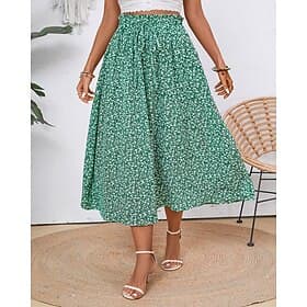 Women's Fashion Casual Midi Mid Rise Skirts Floral Ruched Drawstring Micro-elastic Daily Street Yellow Red Green Summer