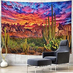 Southwest Desert Sunset Tapestry Cactus Mountain Landscape Wall Hanging Nature Wilderness Scenery Art for Bedroom Living Room Home Decor
