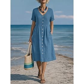 Femmes Robe Midi Robes effet lin Robe trapèze Occasionnel Quotidien Coupe régulière Uni Manche Courte Col en V Bleu Noir Blanche Vin Été Printemps