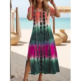 Women's Maxi Dress T Shirt Dress Tee Dress Vacation Outdoor Beach Going out Regular Fit Ombre Short Sleeve Crewneck Blue Rainbow Pink Navy Blue Summer Spring