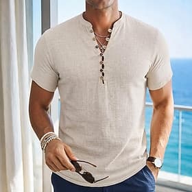 Men's Linen Shirt Popover Shirt Summer Shirt Beach Wear Casual Shirt Band Collar Shirt Plain Casual Daily Gray Light Blue Short Sleeve V Neck Summer Clothing A