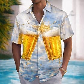 Men's Beer Drink Beverage Summer Hawaiian Shirt Button Up Shirt Aloha Shirt Short Sleeve Hawaiian Vacation Beach Wear Summer Spring Turndown 3D Print Collared