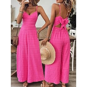 Women's Normal Jumpsuit Active Solid Color Sleeveless Wide Leg V Neck Bow Backless Daily Vacation Regular Fit Fuchsia Summer