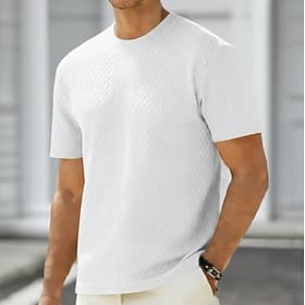 Men's T Shirt Tee Top Short Sleeves Crew Neck Summer Solid Color Textured Fashion Designer Basic Jacquard Vacation Casual Daily White Top Tee for Men