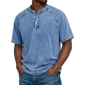 Men's T Shirt Henley Shirt Denim Shirt 100% Cotton Acid Wash Shirt Tee Top Short Sleeve Plain Vintage Streetwear Casual Garment Dyed Washed Raglan Sleeves Stan