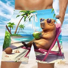 Men's Cartoon Funny Capybara Swim Trunks Swim Shorts Board Shorts Mid Waist Hawaiian Hawaiian Beach Vacation Wear Side Pockets Mesh Lining Elastic Drawstring W