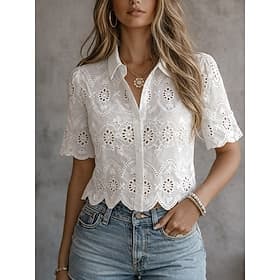 Women's Blouse Eyelet Solid Color Stylish Casual Short Sleeve Shirt Collar Regular Tops Daily White Summer Spring Fall