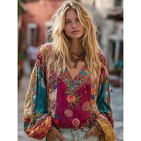 Femmes Chemise Chemises effet lin Patchwork Boutons Imprimé Fleuri Élégant Bohème ancien manche longue Col en V Hauts Réguliers Quotidien Fête Rouge Violet Cla