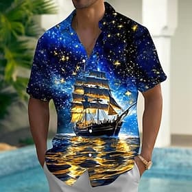 Men's Vintage Starry Sky Sailboat Summer Hawaiian Shirt Button Up Shirt Aloha Shirt Short Sleeve Hawaiian Casual Vacation Summer Spring Turndown 3D Print Colla