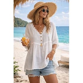 Women's Shirt Cotton Blend Blouse Ruched Plain Basic Modern Casual 3/4 Length Sleeve V Neck Regular Tops Daily Holiday Going out White Pink Light Blue Summer