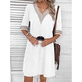 Women's Knee Length Dress White Dress Fashion Modern Outdoor Vacation Going out Loose Fit Plain Half Sleeve V Neck Blue Black White Orange Summer Spring