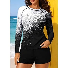 Women's Medium Rash guard Swimsuit Rash Guard Floral Print Swimsuit Floral Tropical Color-blocking 2 Piece Removable Pad Boyleg UV Sun Protection UPF50 Elastic