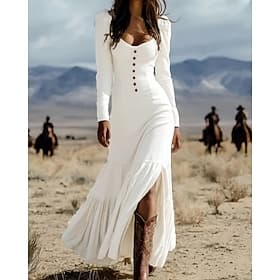 Women's Long Dress Maxi Dress White Dress Vintage Dress Casual Dress Elegant Vintage Fashion Daily Vacation Evening Party Regular Fit Plain Long Sleeve V Neck