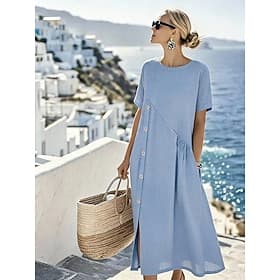 Women's Midi Dress A Line Dress Casual Loose Fit Plain Short Sleeve Lapel Blue White Brown Summer Spring Fall