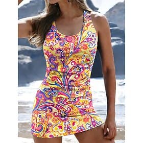 Women's Swimwear Tankini 2 Piece Skirt Swimsuit Ruched Vacation Beach Wear Graphic Geometric U Neck Sleeveless Bathing Suits
