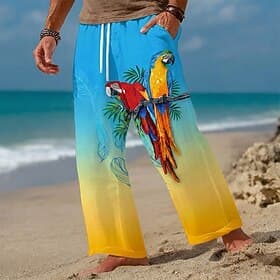 Men's Animal Coconut Tree Parrot Trousers Casual Pants Baggy Pants Mid Waist Hawaiian Outdoor Vacation Beach Wear Elastic Drawstring Waist Linen-Like Pants wit
