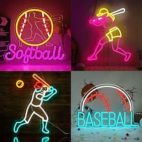 Baseball Softball Player LED Neon Sign, Dimmable USB Powered Neon Wall Light, Sports Room Decor for Bedroom Living Room, Fan Club Man Cave, Game Room, Gift for