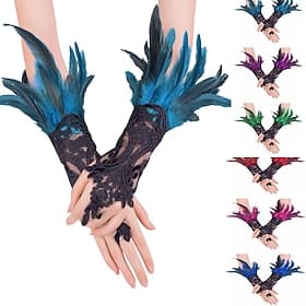 Carnival 2026Rio Carnival Samba Accessories Women's Gothic Feather Lace Gloves, Long Fingerless Mesh Mittens with Natural Feathers Brazil Festival Performance