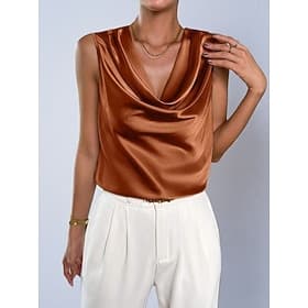 Women's Satin Shirt Blouse Cowl Neck Top Sleeveless Shirt Plain Stylish Basic Classic Sleeveless Cowl Neck Regular Tops Daily Holiday Going out Black Wine Brow