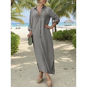 Women's Linen Like Faux Cotton Linen Maxi Dress Shirt Dress Shift Dress Summer Dress Casual Daily Loose Fit Plain Long Sleeve Lapel Gray Summer Spring Fall