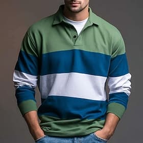 Men's Horizontal Stripes Rugby Polo Long Sleeve Polo Shirts Collared Shirts Sportswear Casual Outdoor School Athleisure 3D Print Spring Fall Winter Blue Purple