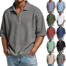 Men's Waffle Polo Shirts Zip Polo Casual Fitness Lapel Quarter Zip Short Sleeve Fashion Muscle Solid Color Plain Zipper Summer Spring Relaxed Fit Wine Navy Blu