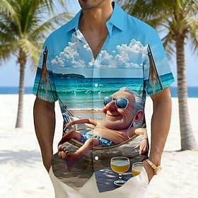 Men's Cartoon Old Man Shirt Summer Hawaiian Shirt Button Up Shirt Short Sleeve Funny Vacation Holiday Beach Wear Summer Spring Turndown 3D Print Linen Like Shi