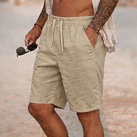 Hombre Pantalón corto Pantalones cortos de lino Pantalones cortos de verano Pantalones cortos de playa Correa Cintura elástica Plano Comodidad Transpirable Lon thumbnail 2