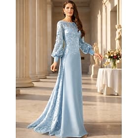 A-Line Floor Length Wedding Guest Dress Formal Dresses Evening Gown Mother of the Bride Dress Long Sleeve Jewel Neck Elegant Formal Wedding Guest Chiffon Sequi