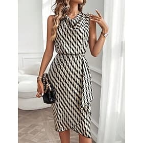 Women's Knee Length Dress Sheath Dress Wrap Dress Elegant Fashion Modern Daily Outdoor Vacation Regular Fit Geometric Sleeveless Cowl Neck Blue Black Red Brown