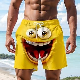 Men's Optical Illusion 3D Cartoon Smile Face Swim Trunks Swim Shorts Board Shorts Mid Waist Hawaiian Funny Beach Vacation Wear Side Pockets Mesh Lining Elastic thumbnail 2
