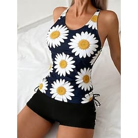 Women's Swimwear Tankini 2 Piece High Waist Swimsuit Tummy Control High Waist Slim Backless Vacation Beach Wear Floral U Neck Sleeveless Bathing Suits