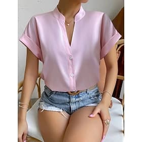 Women's Blouse Buttons Plain Elegant Daily Stylish Short Sleeve V Neck Regular Tops Daily Blue Black Pink Orange Green Summer Spring