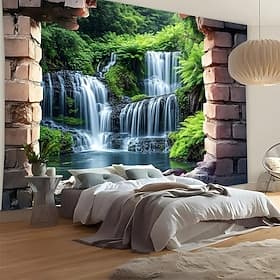 3D Broken Wall Waterfall Tapestry Nature Jungle Landscape Wall Hanging Realistic Tropical Forest Mural for Living Room Yoga Room Meditation Space