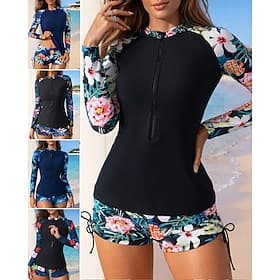 Women's Rash Guard Bathing Suit 2 Pieces Tropical Boyleg UV Protection Quick Dry Elastic Long Sleeve Swimwear Swimsuit Surfing Beach Swimming Summer