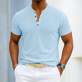 Herren Sommeroberteile Henley Hemd Kurzarmshirt Geripptes Strick-T-Shirt Kurzarm Henley Sommer Einfarbig Täglich Hawaiianisch Lässig Knöpfe Lässig Outdoor Stra