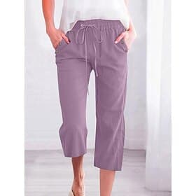 Women's Linen-feel Pants Capri Pants Chinos Summer Pants Vacation Basic Casual Calf-Length Medium Waist Plain Drawstring Pocket Lightweight Breathable Inelasti