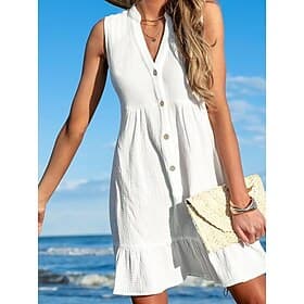 Women's Mini Dress White Dress Beach Dress Cover Up Elegant Vintage Fashion Daily Outdoor Beach Loose Fit Plain Sleeveless V Neck White Summer Spring