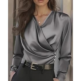 Femmes Elegant Haut en satin Chemisier Hauts Élégants Froncé Patchwork Perlé Couleur Unie Uni Élégant Dames Classique manche longue Col en V Hauts Réguliers Qu