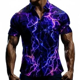 Men's Lightning Flame Neon Glow Shirt Button Up Shirt Casual Dress Shirt Short Sleeve Fashion Casual Daily Vacation Summer Spring Turndown 3D Print Collared Sh
