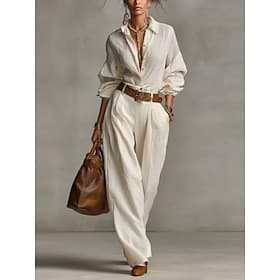 Women's Pants Sets Bolero Top Long Sleeve Shirt Collar Plain Ruched Elegant Fashion Streetwear Casual Daily Outdoor White Summer Loose Fit