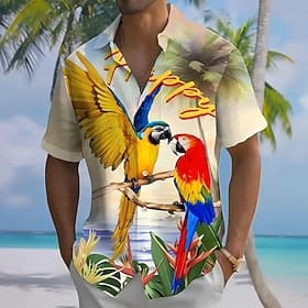 Men's Parrot Tropical Plants Flowers Summer Hawaiian Shirt Button Up Shirt Aloha Shirt Short Sleeve Hawaiian Vacation Summer Spring Turndown 3D Print Collared thumbnail 2